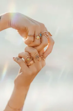 Rainbow Red Opal Moon Silhouette Ring